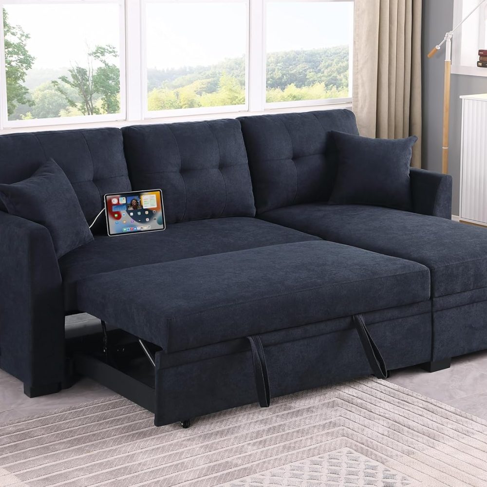 Eafurn Convertible Pull Out Sleeper Sectional Sofa Couch Bed - L Shaped Corner Lounge Sofa&Couch with Reversible Chaise & Pullout Sofabed, Dual USB Ports,Side Pockets for Living Room Apartment