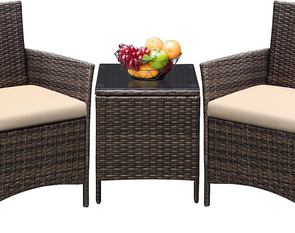 Greesum 3 Pieces Patio Furniture Sets Outdoor PE Rattan Wicker Chairs with Soft Cushion and Glass Coffee Table for Garden Backyard Porch Poolside, Brown and Beige