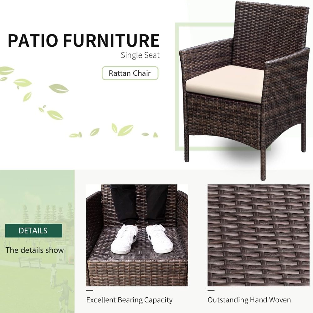 Greesum 3 Pieces Patio Furniture Sets Outdoor PE Rattan Wicker Chairs with Soft Cushion and Glass Coffee Table for Garden Backyard Porch Poolside, Brown and Beige - Image 4