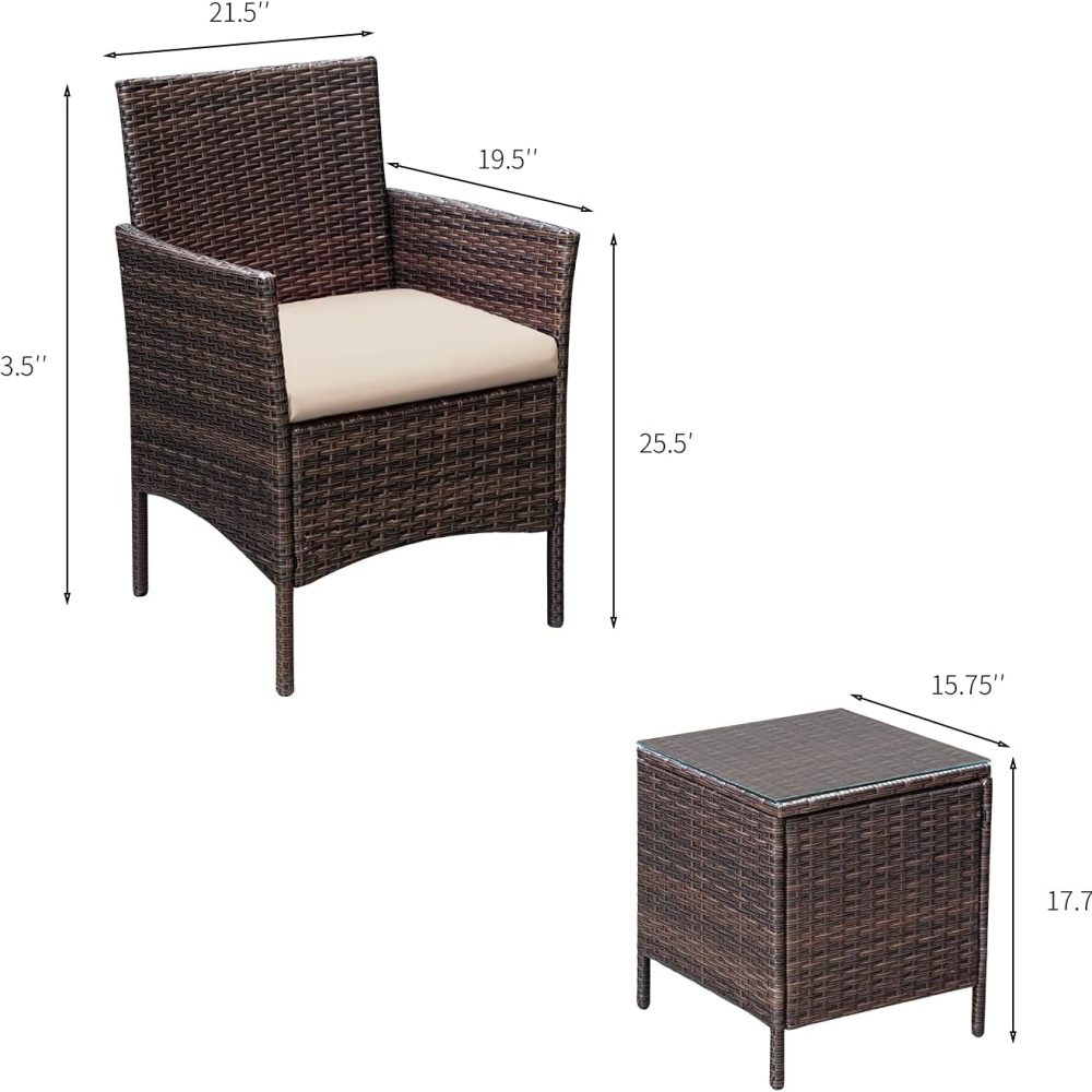 Greesum 3 Pieces Patio Furniture Sets Outdoor PE Rattan Wicker Chairs with Soft Cushion and Glass Coffee Table for Garden Backyard Porch Poolside, Brown and Beige - Image 7