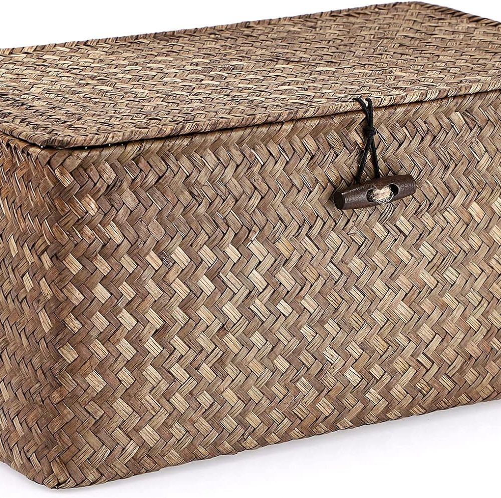 Hipiwe Wicker Shelf Baskets Bin with Lid, Handwoven Seagrass Basket Storage Bins Rectangular Household Basket Boxes for Shelf Wardrobe Home Organizer, Coffee Medium
