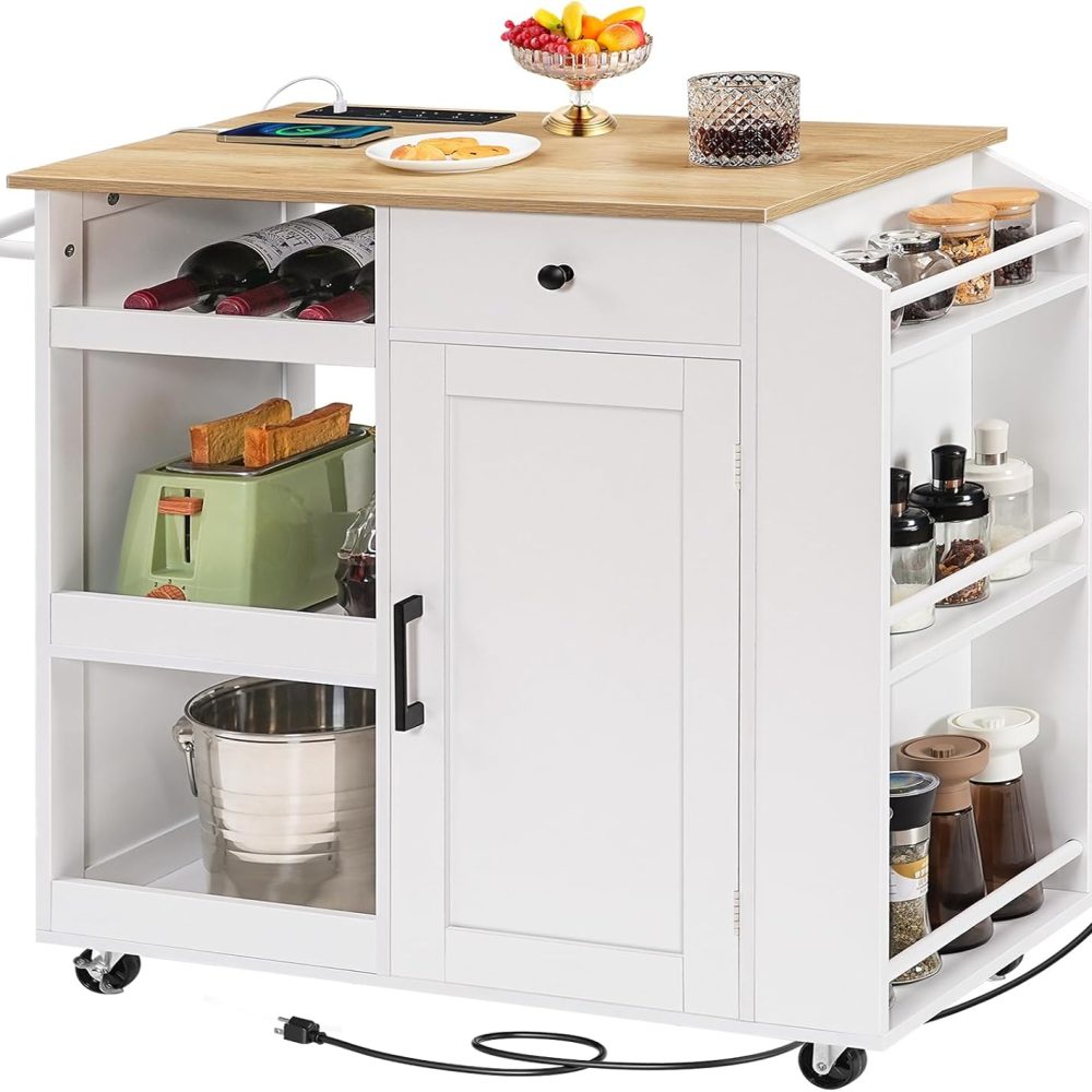 Kitchen Island with Power Outlet, Kitchen Storage Island with Drawer, Spice Rack, Towel Rack, Wine Rack, Rolling Kitchen Cart on Wheels, for Dining Room, White and Natural KINW122E01N1