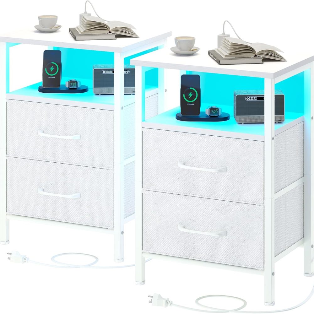Nightstands Set of 2, Night Stand with Charging Station and Led Lights, Bedside Table with 2 Fabric Drawers for Bedroom, Small Side End Table with Open Shelf, White