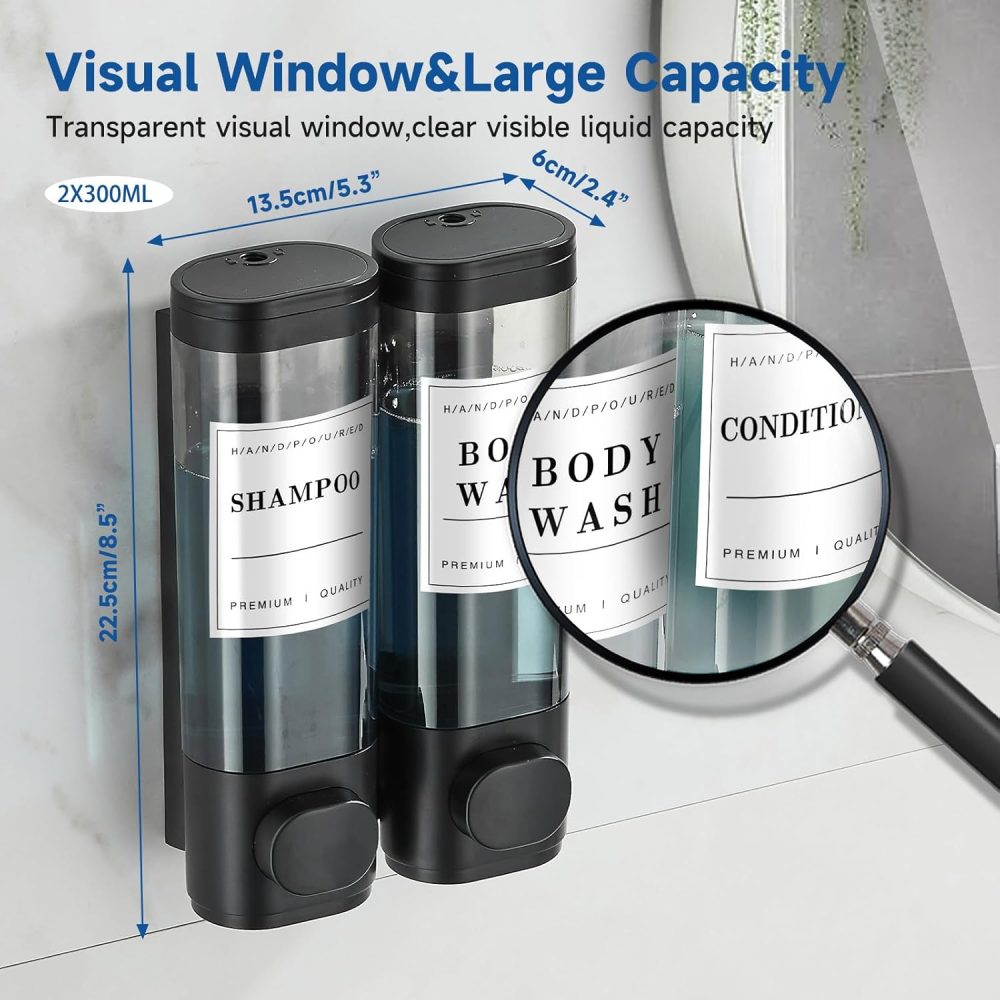 Shampoo and Conditioner Dispenser,Unisense Shower Soap Dispenser 2 Chamber No Drill Wall-Mounted Shampoo Dispenser for Shower Wall Mounted Shower Dispenser for Bathroom Hotel Large Capacity,Black - Image 4