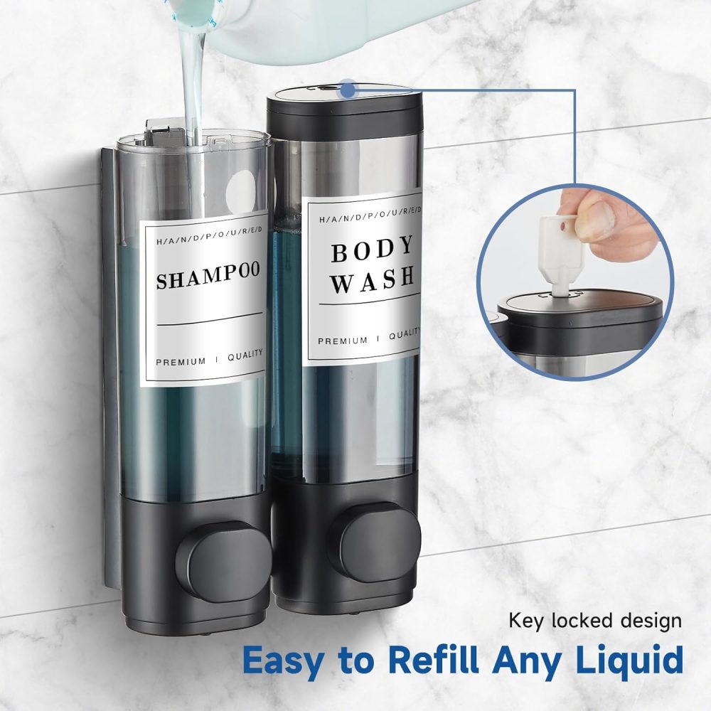 Shampoo and Conditioner Dispenser,Unisense Shower Soap Dispenser 2 Chamber No Drill Wall-Mounted Shampoo Dispenser for Shower Wall Mounted Shower Dispenser for Bathroom Hotel Large Capacity,Black - Image 5